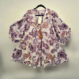 Band of the‎ Free Dress Woman Medium Purple Paisley Puff Sleeve Mini Boho Tassel